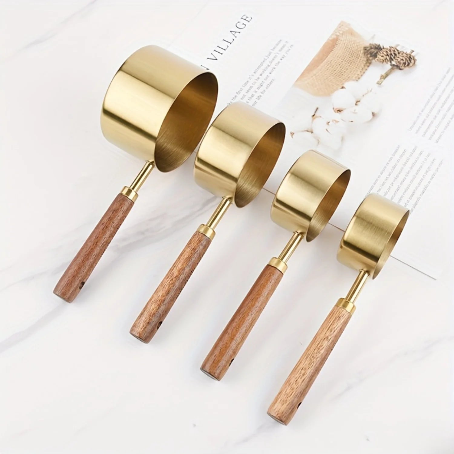 Gold with wood handle 8 piece measuring cup set