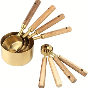 Gold with wood handle 8 piece measuring cup set