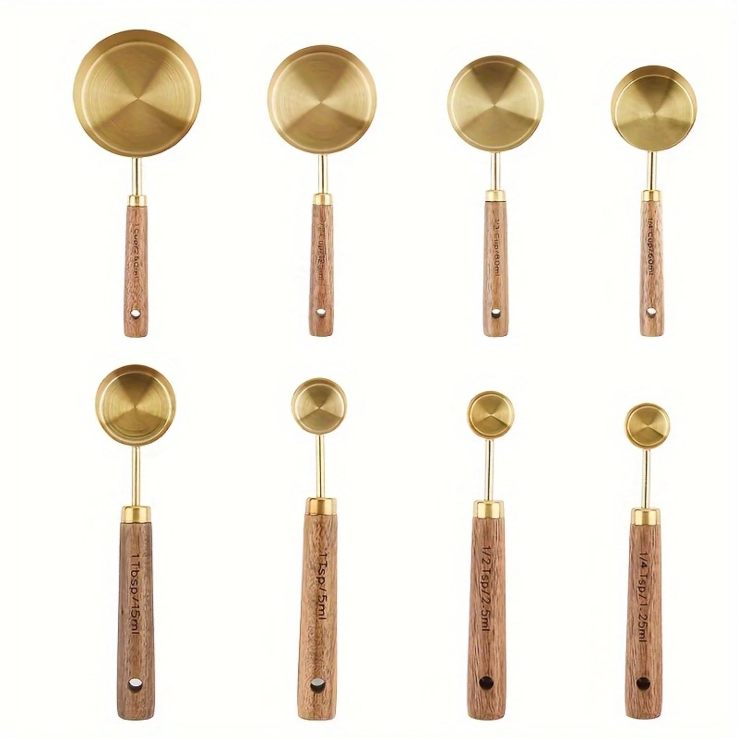 Gold with wood handle 8 piece measuring cup set